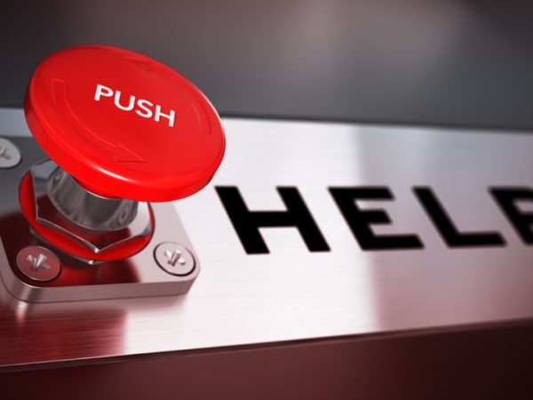23455470 - realistic conceptual 3d render image with depth of field blur effect. red push button with the word help. concept for emergency.