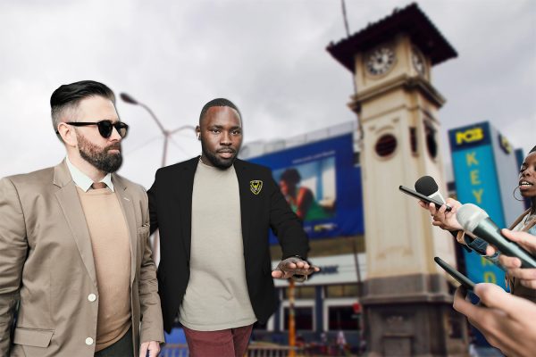 Serious businessman in sunglasses with his bodyguard giving an interview to journalists in the city